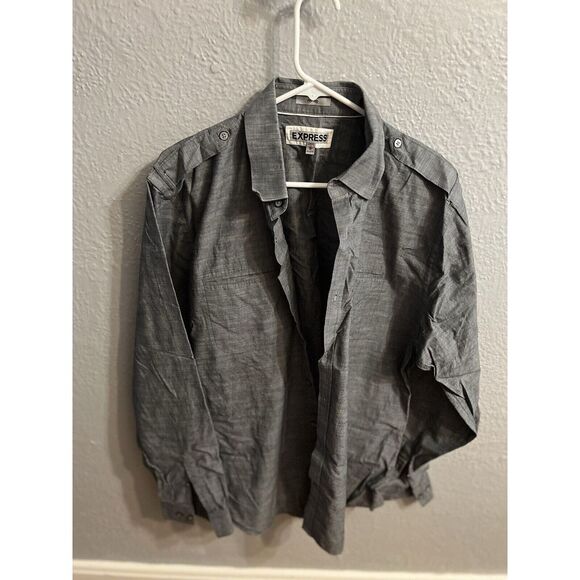 Express Mens Button Up Shirt Gray Long Sleeve Fitted Spread Collar Pocket XL - Picture 2 of 7